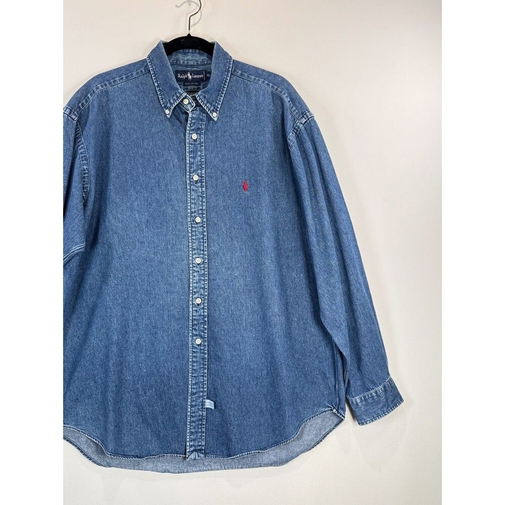 VINTAGE Ralph Lauren Mens Denim Shirt Blue Button Down Long Sleeve Pony 90s XL - Picture 5 of 10